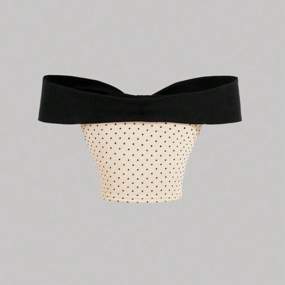 New Y2K  Pinup Black and Cream Polka Dot off shoulder Top with a bow size XS - Picture 2 of 7